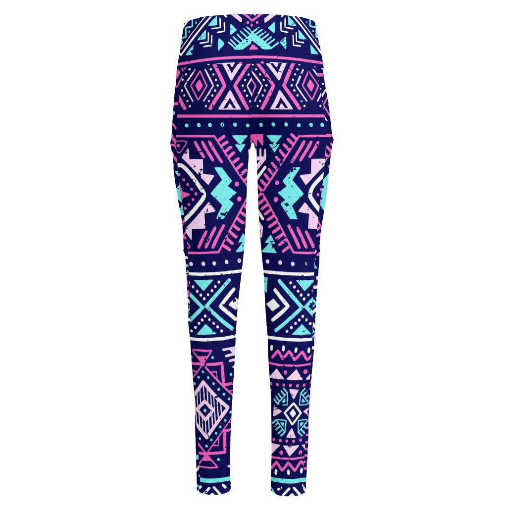 Blue And Pink Aztec Pattern Print High-Waisted Pocket Leggings