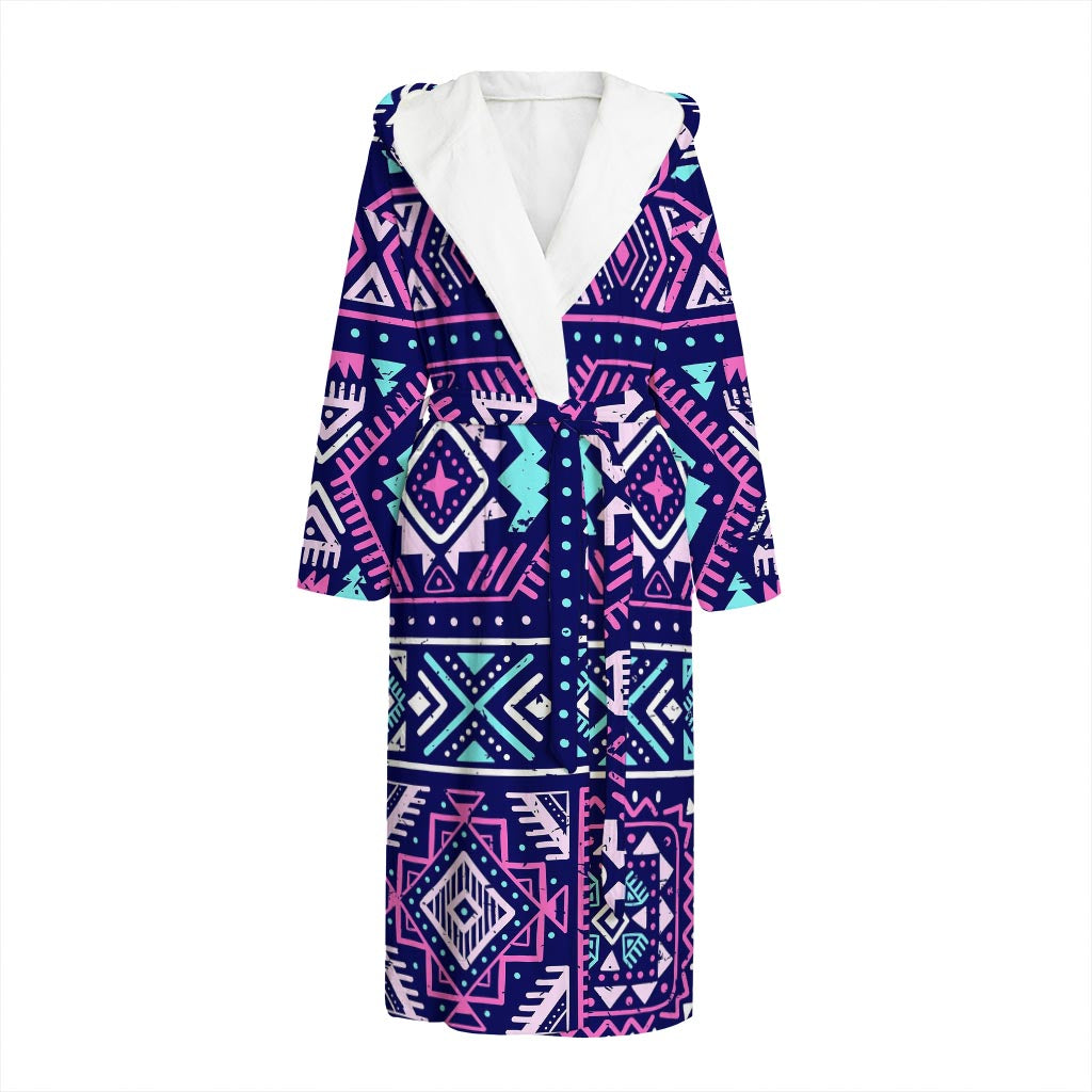 Blue And Pink Aztec Pattern Print Hooded Bathrobe