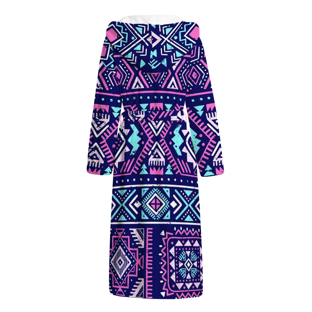 Blue And Pink Aztec Pattern Print Hooded Bathrobe