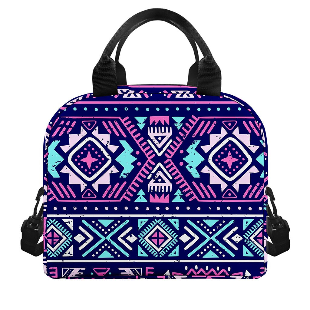 Blue And Pink Aztec Pattern Print Insulated Lunch Bag