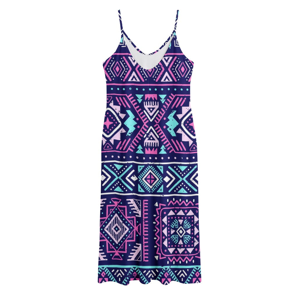 Blue And Pink Aztec Pattern Print Jersey Midi Cami Dress