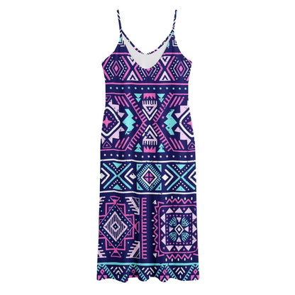 Blue And Pink Aztec Pattern Print Jersey Midi Cami Dress