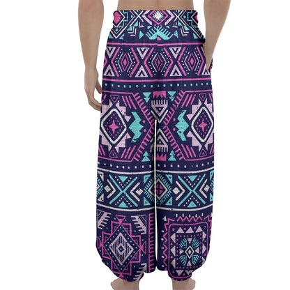 Blue And Pink Aztec Pattern Print Lantern Pants