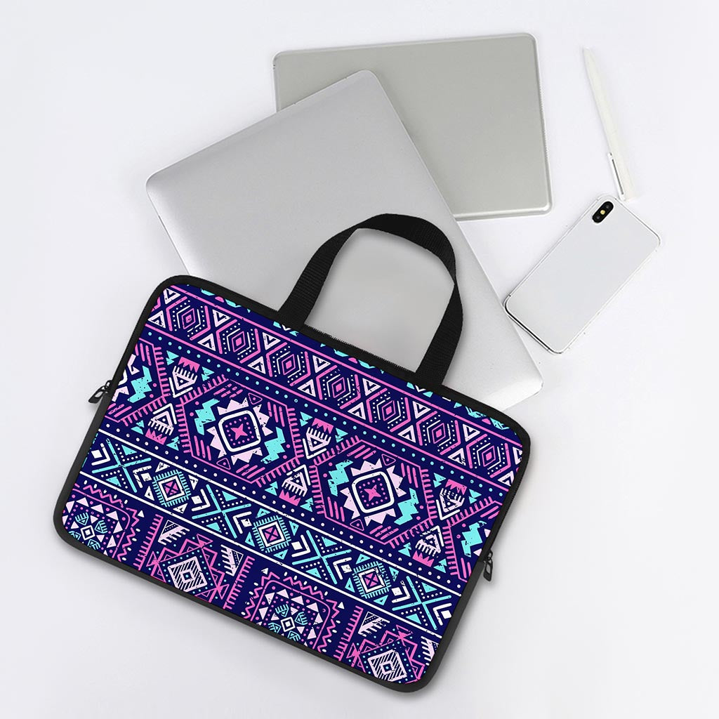 Blue And Pink Aztec Pattern Print Laptop Sleeve With Handle