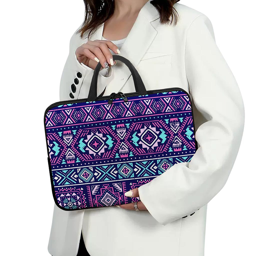 Blue And Pink Aztec Pattern Print Laptop Sleeve With Handle