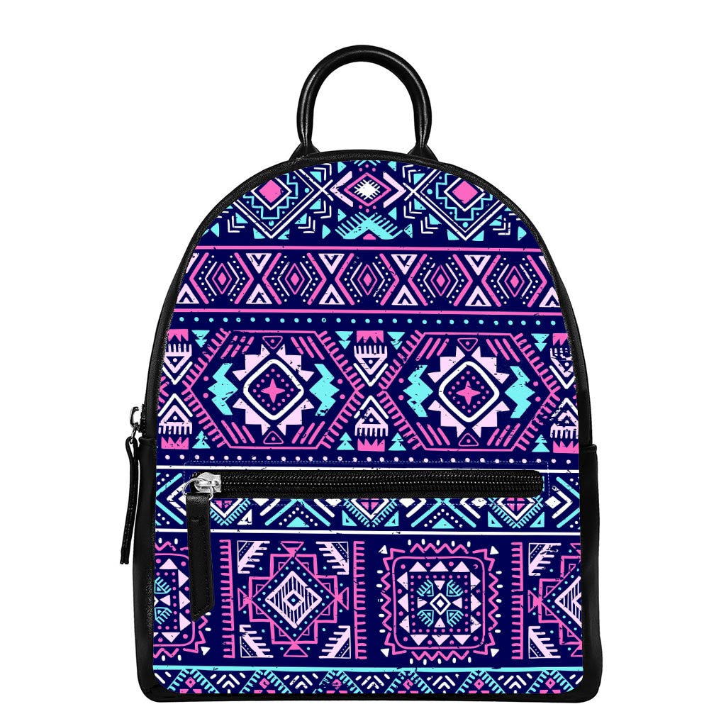 Blue And Pink Aztec Pattern Print Leather Backpack