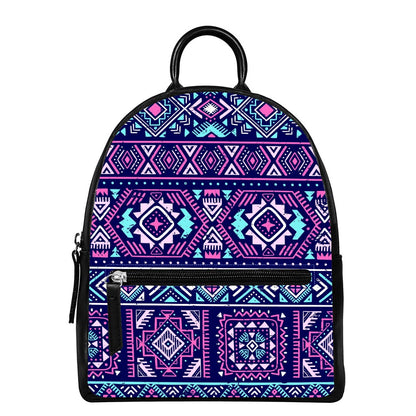 Blue And Pink Aztec Pattern Print Leather Backpack