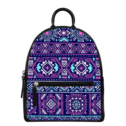 Blue And Pink Aztec Pattern Print Leather Backpack
