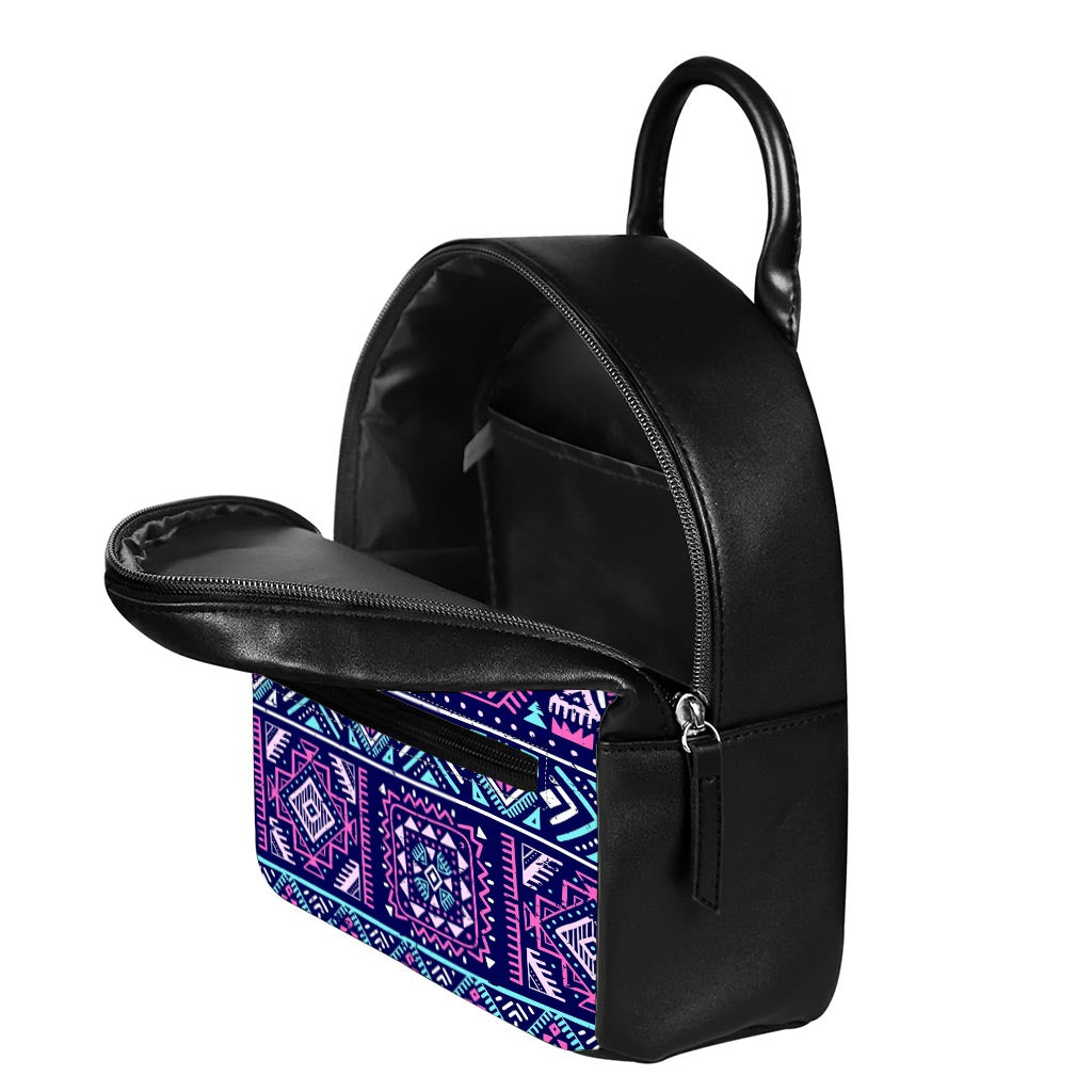 Blue And Pink Aztec Pattern Print Leather Backpack