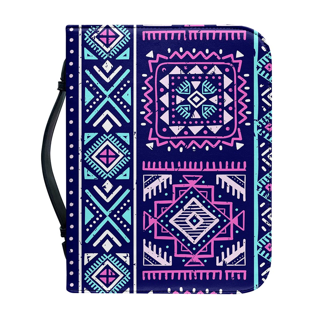 Blue And Pink Aztec Pattern Print Leather Bible Cover