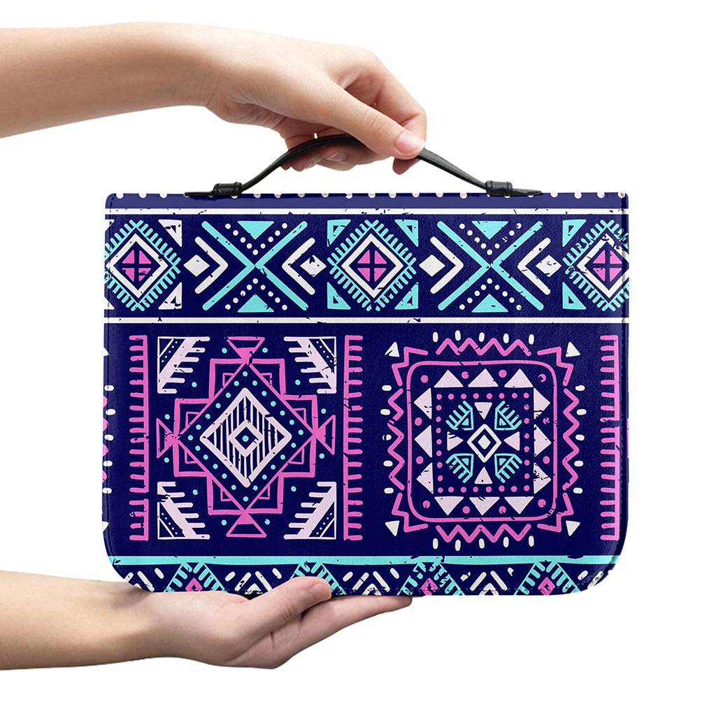 Blue And Pink Aztec Pattern Print Leather Bible Cover
