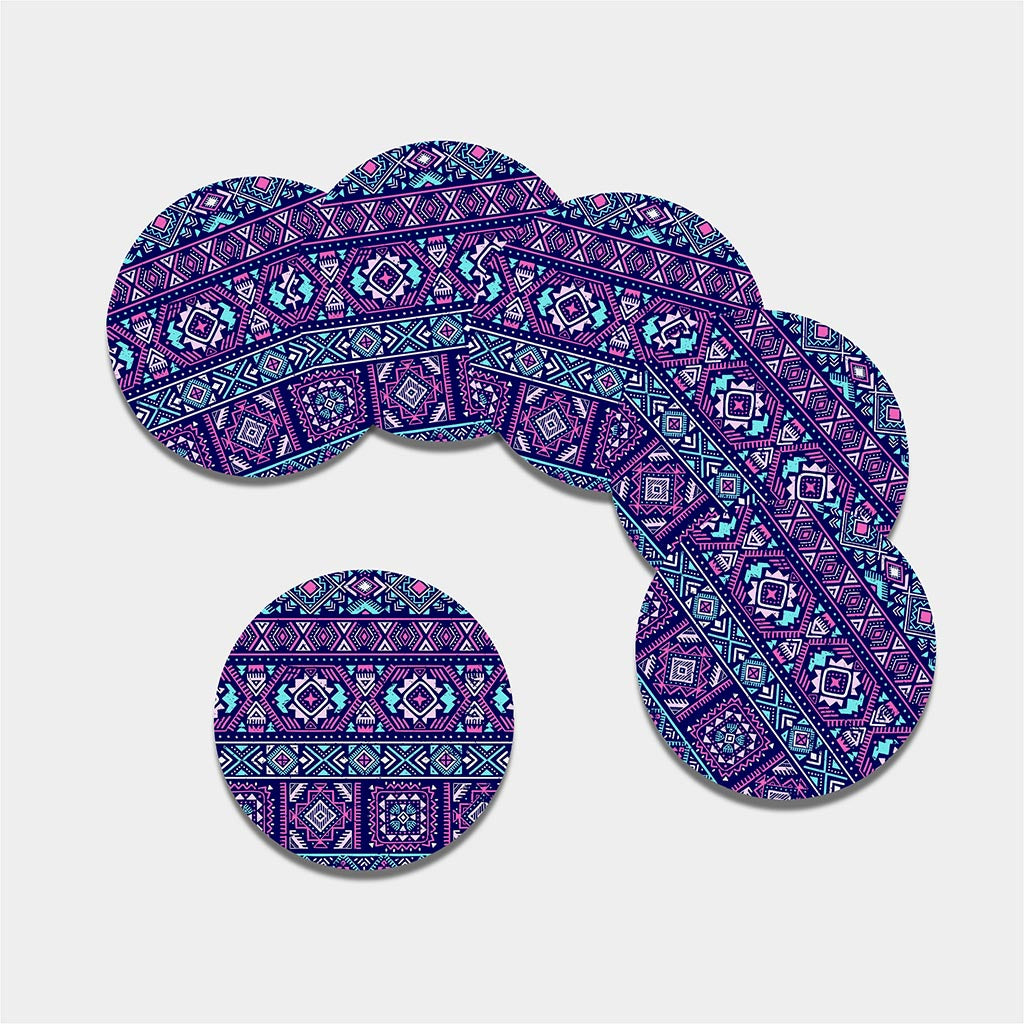 Blue And Pink Aztec Pattern Print Leather Coaster Set