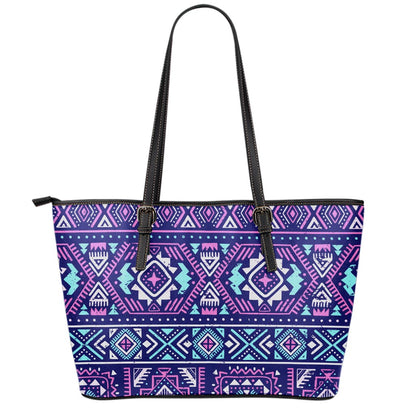 Blue And Pink Aztec Pattern Print Leather Tote Bag