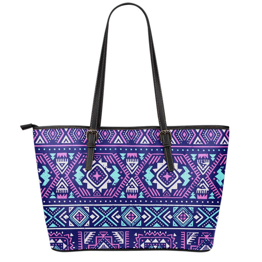 Blue And Pink Aztec Pattern Print Leather Tote Bag