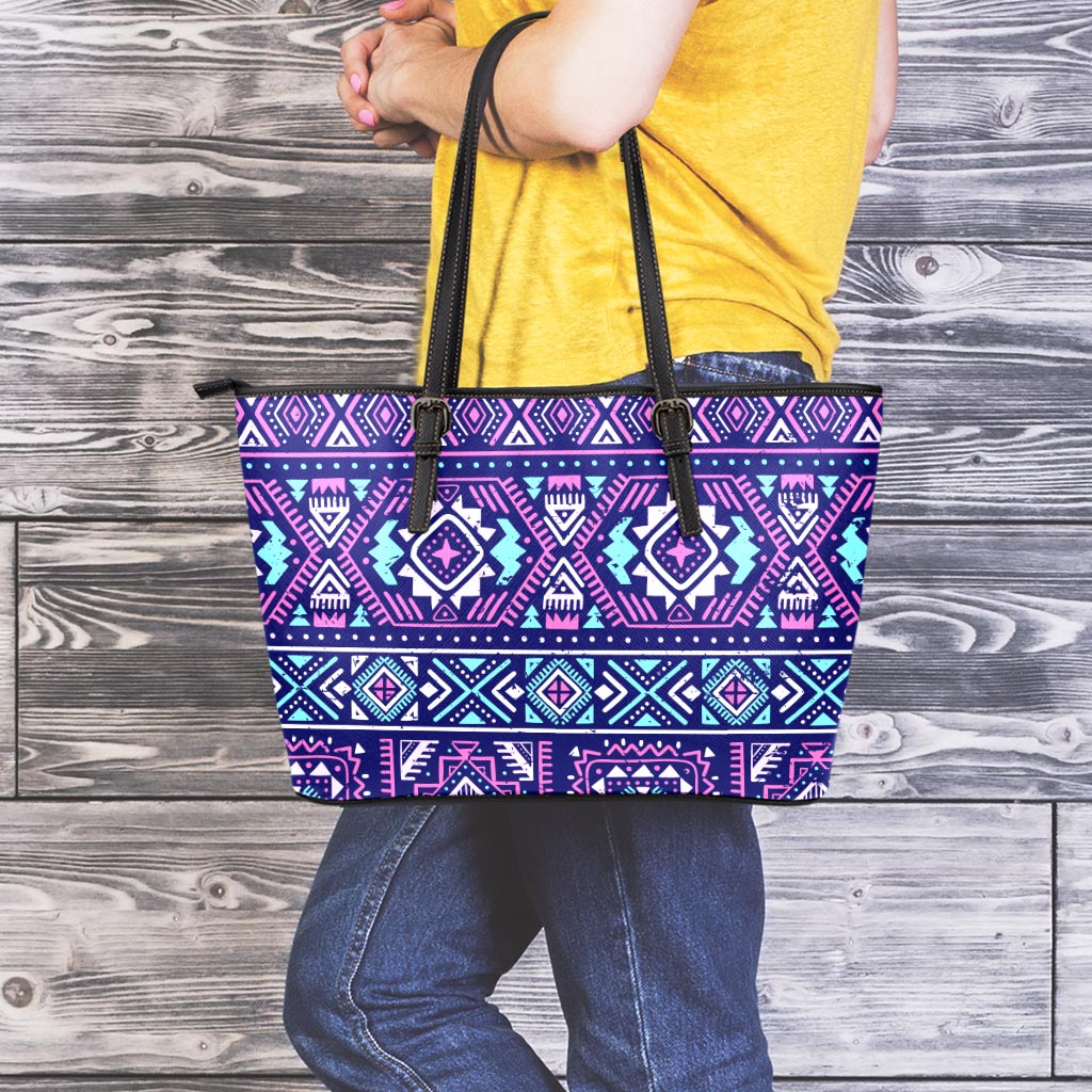 Blue And Pink Aztec Pattern Print Leather Tote Bag