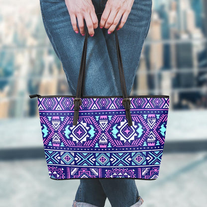 Blue And Pink Aztec Pattern Print Leather Tote Bag