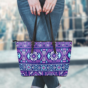 Blue And Pink Aztec Pattern Print Leather Tote Bag