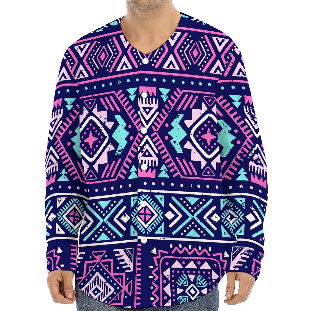 Blue And Pink Aztec Pattern Print Long Sleeve Baseball Jersey