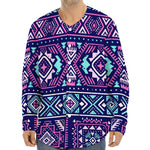 Blue And Pink Aztec Pattern Print Long Sleeve Baseball Jersey