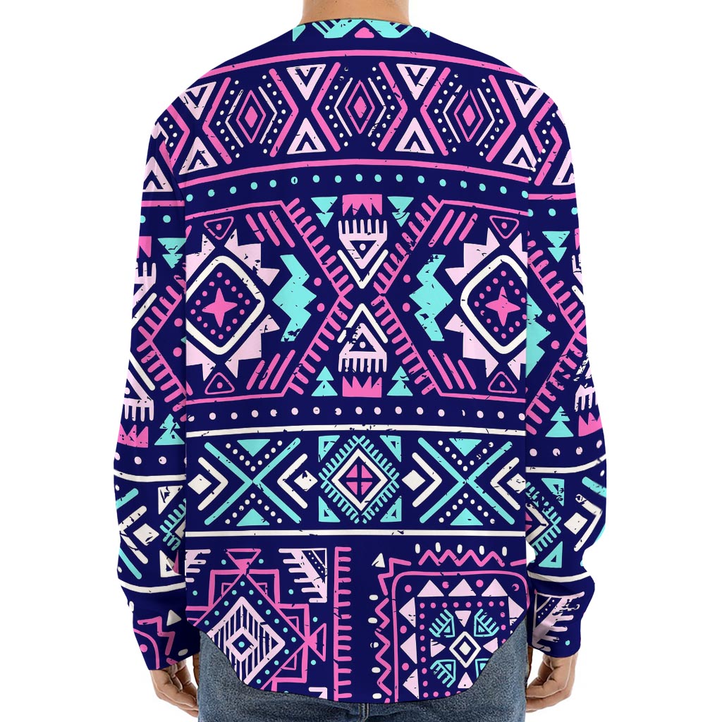 Blue And Pink Aztec Pattern Print Long Sleeve Baseball Jersey