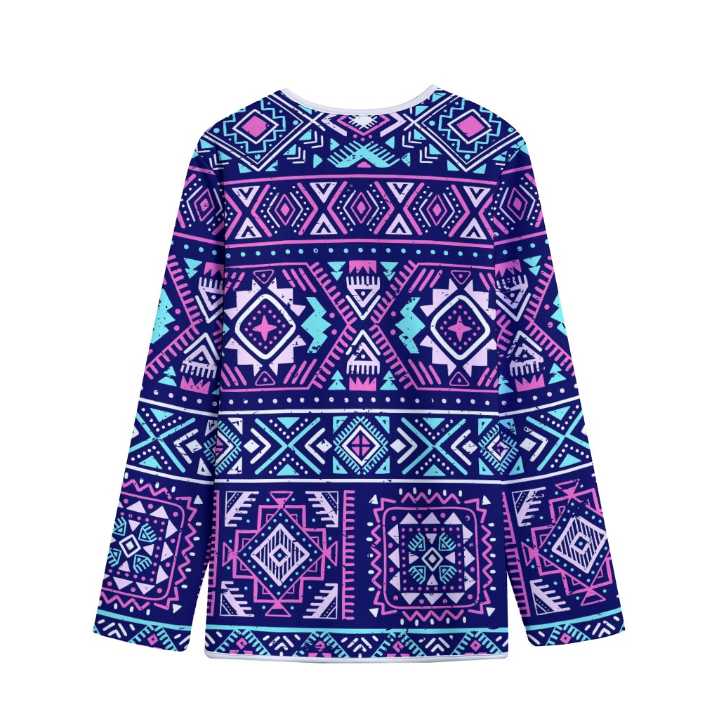 Blue And Pink Aztec Pattern Print Long Sleeve Short Coat