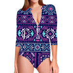 Blue And Pink Aztec Pattern Print Long Sleeve Swimsuit