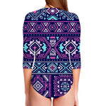 Blue And Pink Aztec Pattern Print Long Sleeve Swimsuit