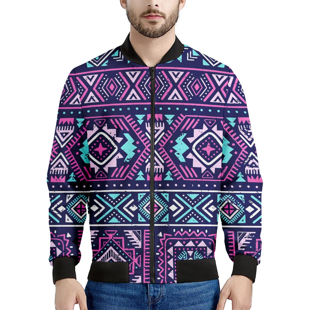 Blue And Pink Aztec Pattern Print Men's Bomber Jacket