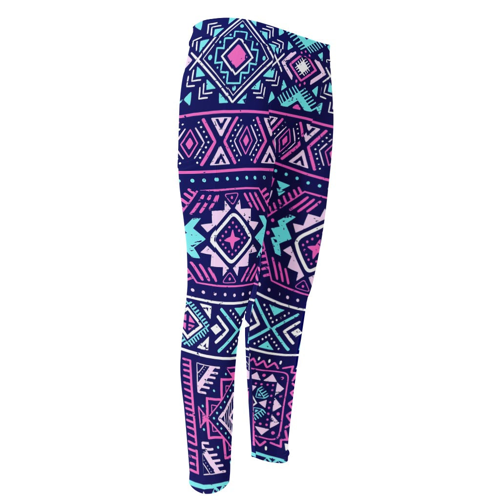 Blue And Pink Aztec Pattern Print Men's Compression Pants