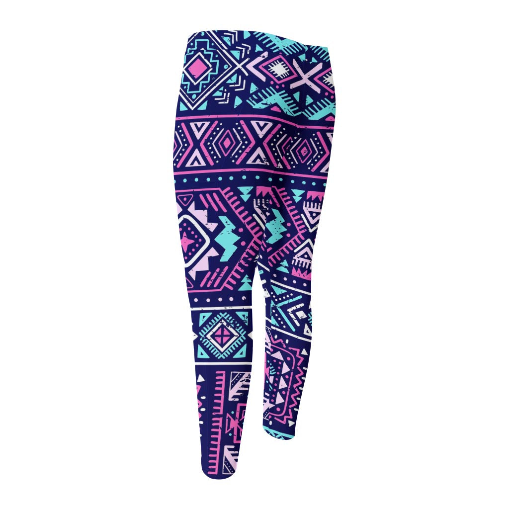 Blue And Pink Aztec Pattern Print Men's Compression Pants