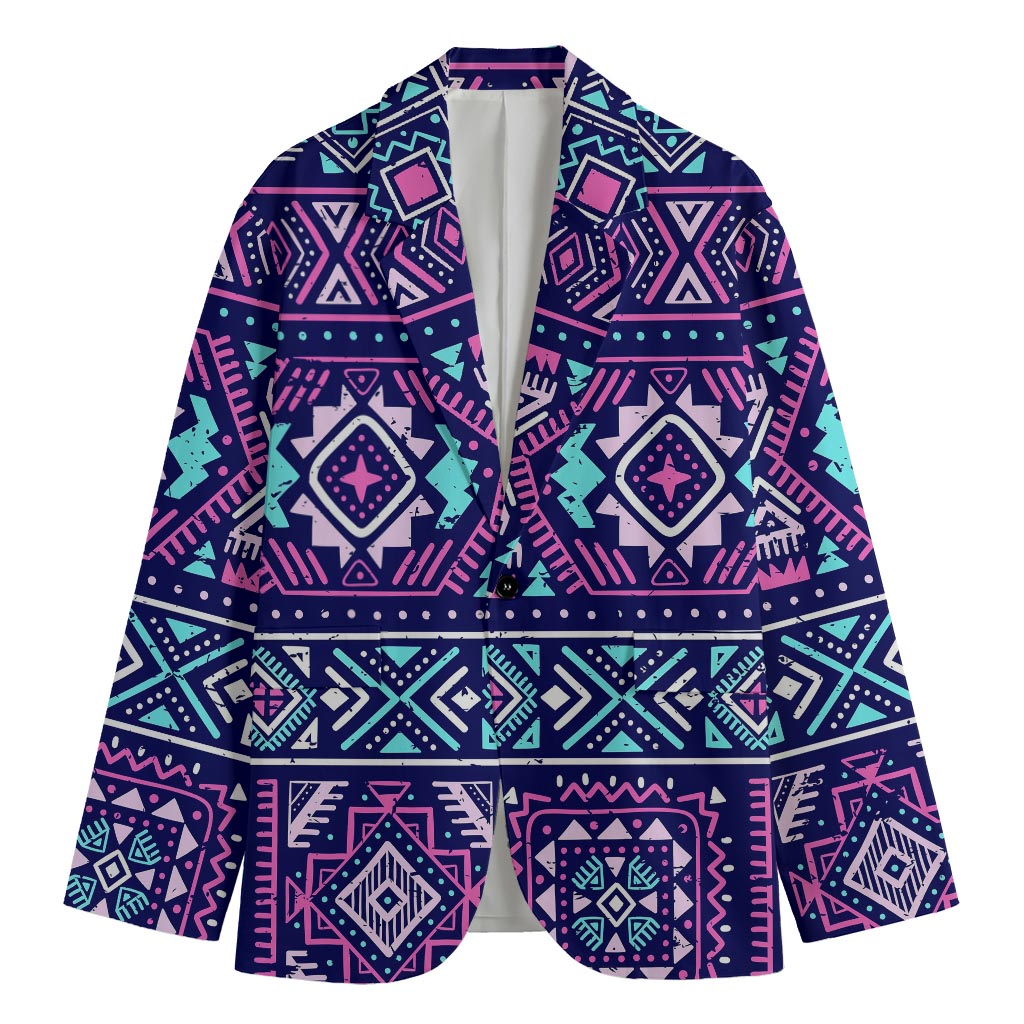 Blue And Pink Aztec Pattern Print Men's Cotton Blazer