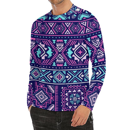 Blue And Pink Aztec Pattern Print Men's Long Sleeve Rash Guard