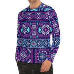 Blue And Pink Aztec Pattern Print Men's Long Sleeve Rash Guard