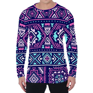 Blue And Pink Aztec Pattern Print Men's Long Sleeve T-Shirt