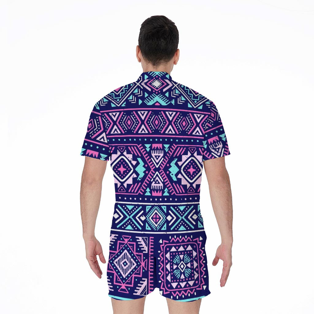 Blue And Pink Aztec Pattern Print Men's Rompers