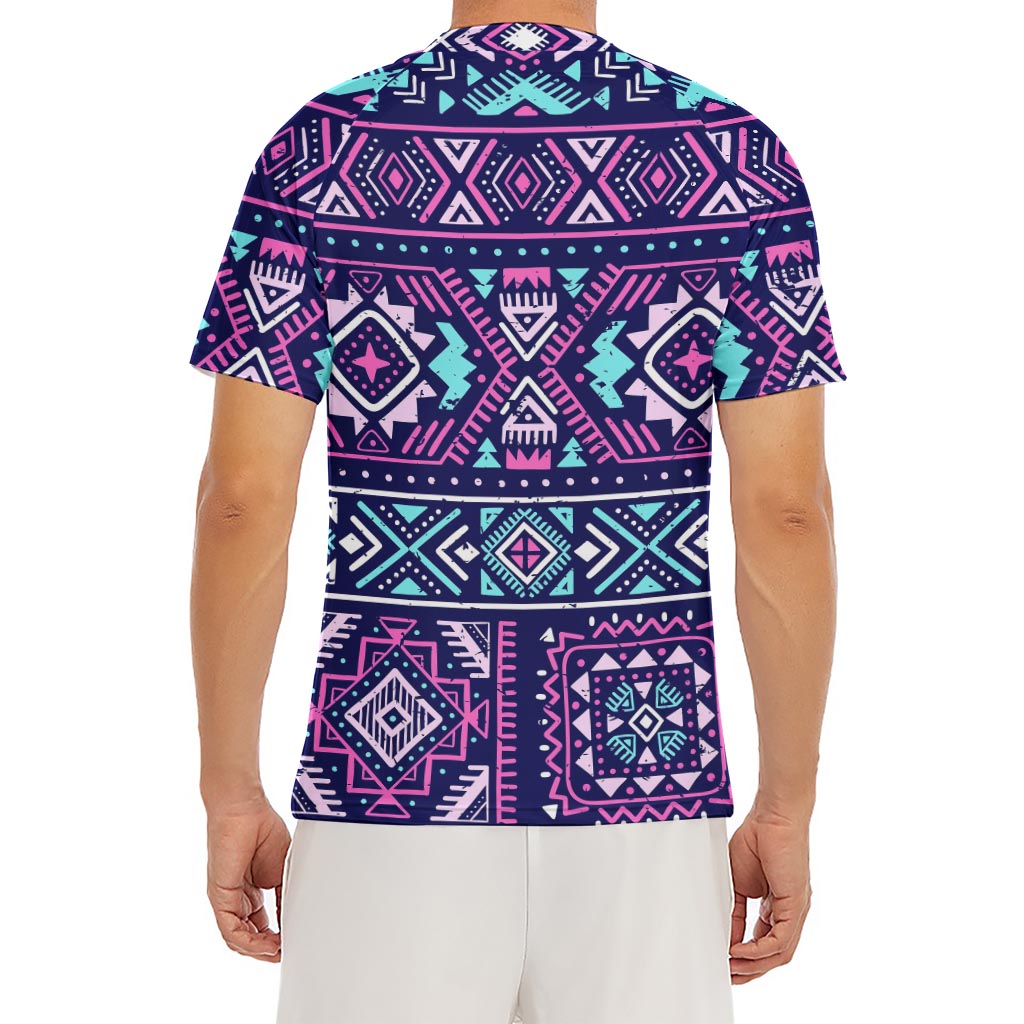 Blue And Pink Aztec Pattern Print Men's Short Sleeve Rash Guard