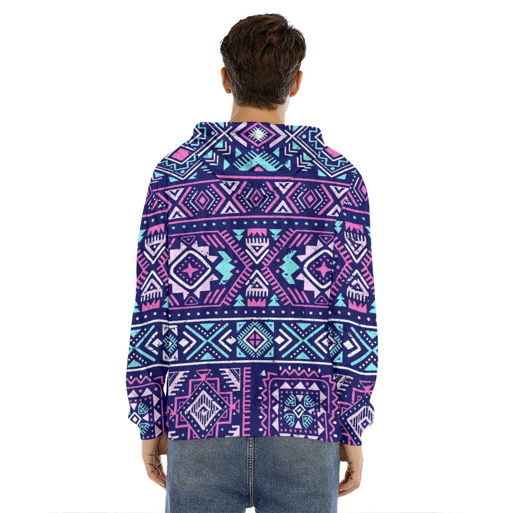Blue And Pink Aztec Pattern Print Men's Velvet Pullover Hoodie