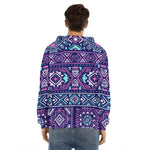 Blue And Pink Aztec Pattern Print Men's Velvet Pullover Hoodie
