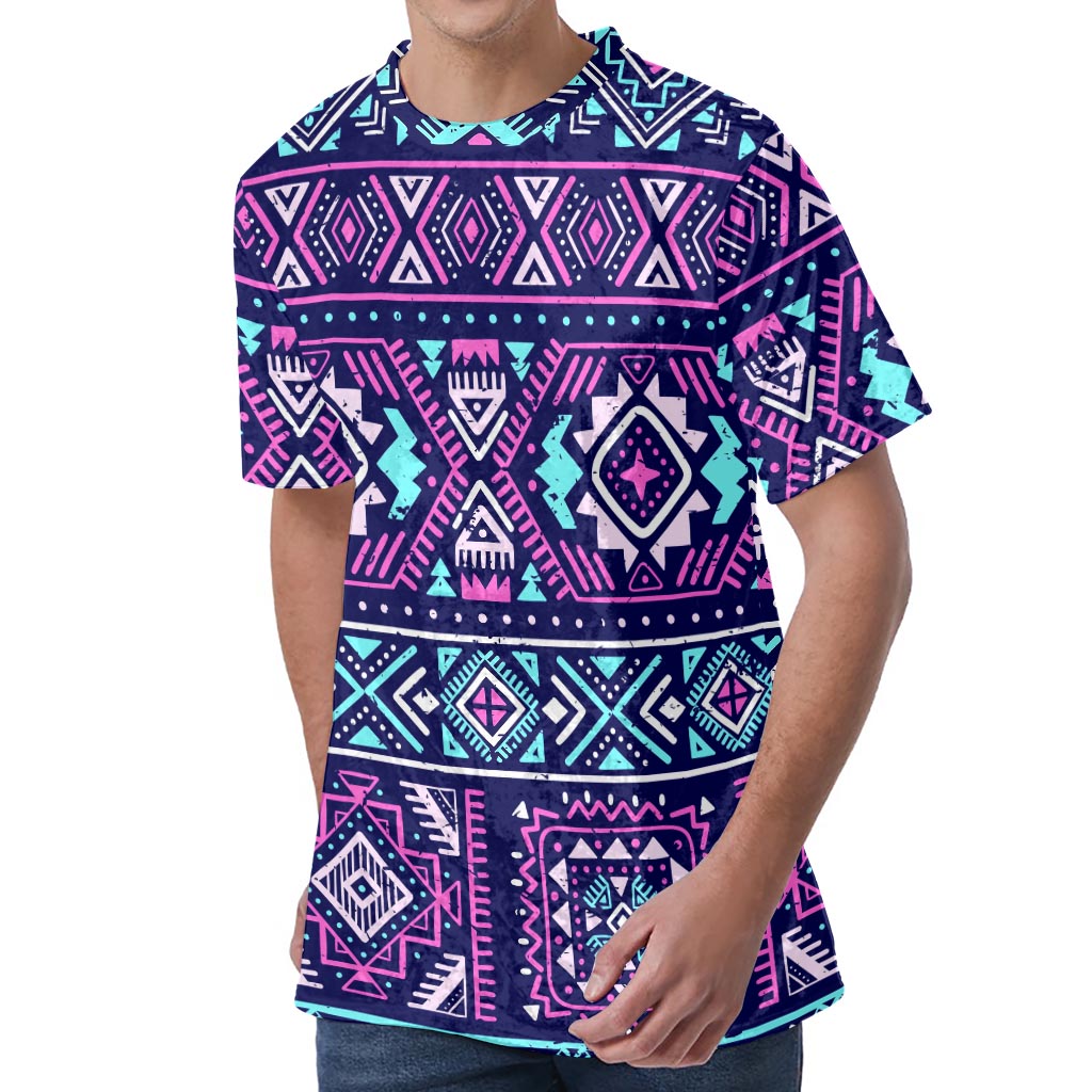 Blue And Pink Aztec Pattern Print Men's Velvet T-Shirt