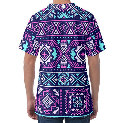 Blue And Pink Aztec Pattern Print Men's Velvet T-Shirt