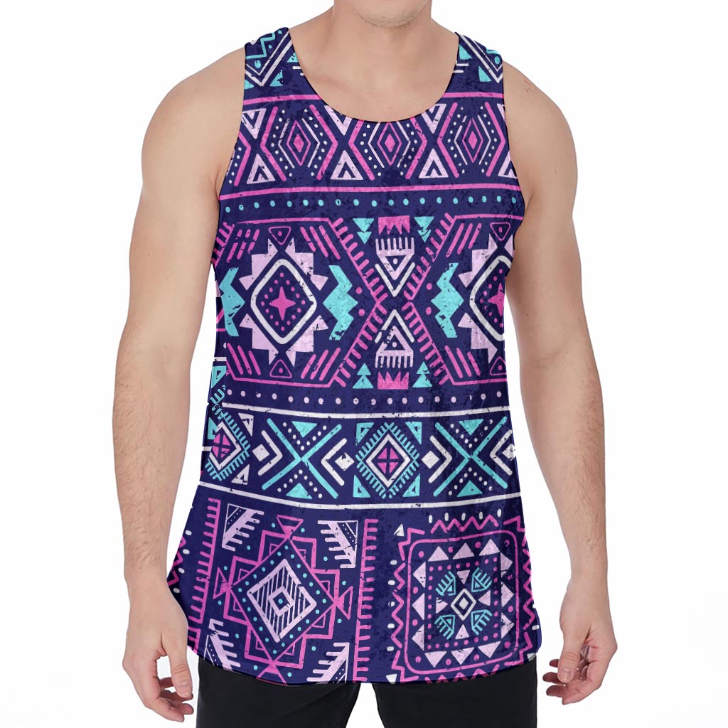 Blue And Pink Aztec Pattern Print Men's Velvet Tank Top