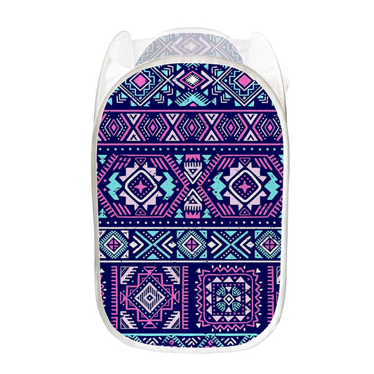 Blue And Pink Aztec Pattern Print Mesh Laundry Hamper