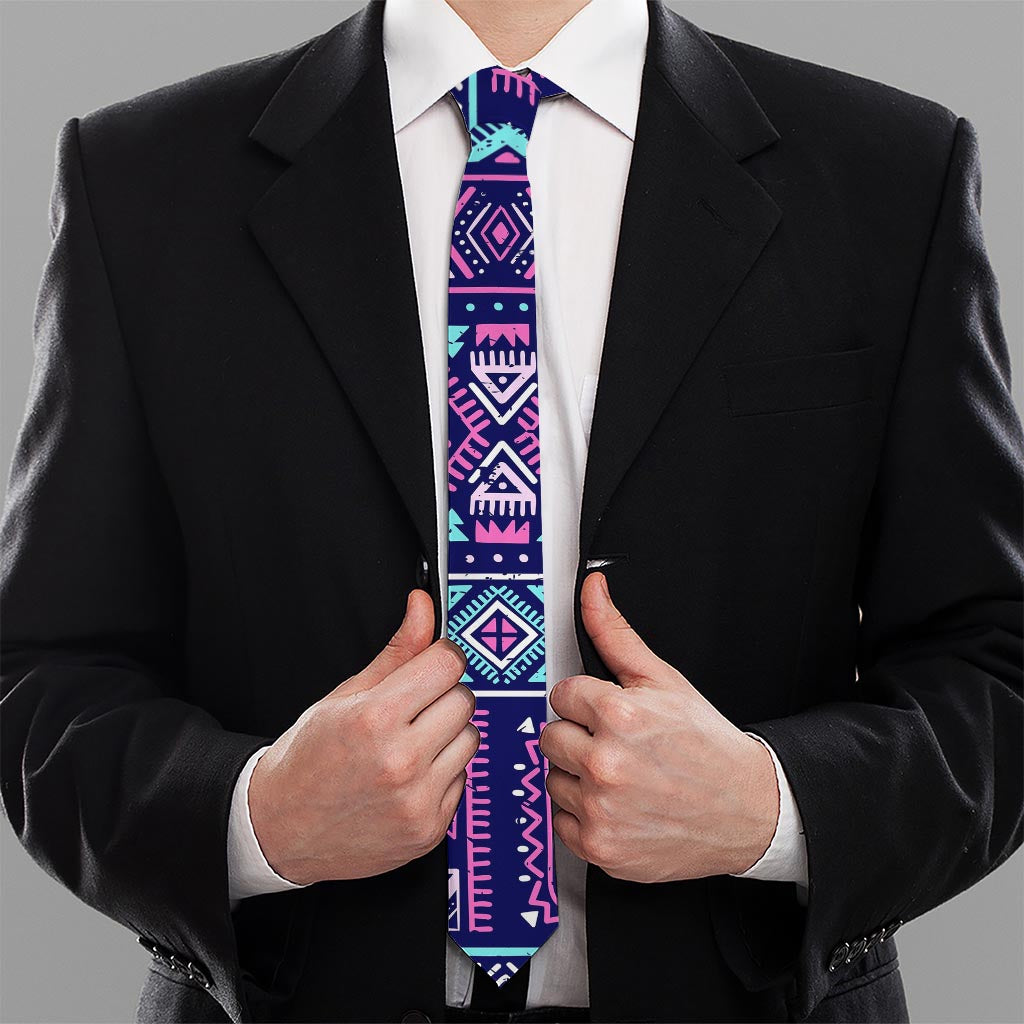 Blue And Pink Aztec Pattern Print Necktie