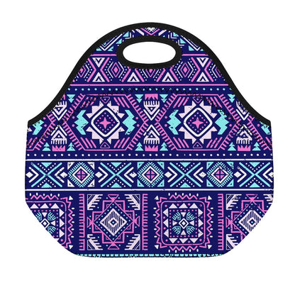 Blue And Pink Aztec Pattern Print Neoprene Lunch Bag