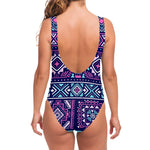 Blue And Pink Aztec Pattern Print One Piece Swimsuit