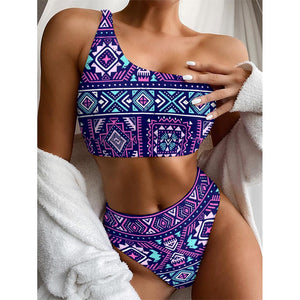 Blue And Pink Aztec Pattern Print One Shoulder Bikini Top