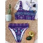 Blue And Pink Aztec Pattern Print One Shoulder Bikini Top