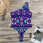 Blue And Pink Aztec Pattern Print One Shoulder Bodysuit