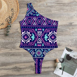 Blue And Pink Aztec Pattern Print One Shoulder Bodysuit