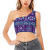 Blue And Pink Aztec Pattern Print One Shoulder Crop Top